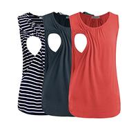 Smallshow Women's Maternity Nursing Tops Sleeveless Breastfeeding Vest Clothes 3 Pack,Dark Grey-Orange-Navy Stripe,L