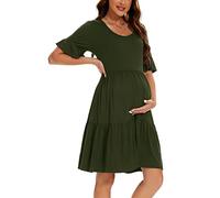 Smallshow Women's Maternity Short Sleeve Summer Dress O Neck Casual Ruffle Pregnancy Clothes Army Green S