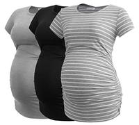 Smallshow Women's Maternity Tops Side Ruched Tunic T-Shirt Pregnancy Clothes, Black/Light Grey/Grey Stripe, L
