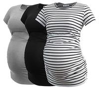 Smallshow Women's Maternity Tops Side Ruched Tunic T-Shirt Pregnancy Clothes, Black/Light Grey/White Stripe, S
