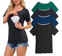 Smallshow Women's Nursing Tops Ribbed Short Sleeve Breastfeeding Clothes 4 Pack,Black-Deep Green-Deep Grey-Teal,XXL