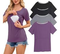 Smallshow Women's Nursing Tops Ribbed Short Sleeve Breastfeeding Clothes 4 Pack,Black-Deep Grey-Light Grey-Misty Lilac,L