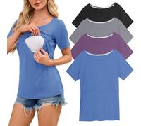 Smallshow Women's Nursing Tops Ribbed Short Sleeve Breastfeeding Clothes 4 Pack,Blue-Black-Light Grey-Misty Lilac,XXL