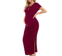 Smallshow Women's Split Long Maternity Dress Ruched Short Sleeve Maternity Clothes Wine S