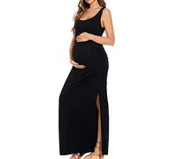 Smallshow Women's Split Long Maternity Dress Sleeveness Ruched Pregnancy Clothes, Black, S