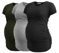 Smallshow Women's V Neck Maternity Clothes Tops Side Ruched Pregnancy T Shirt 3-Pack Army Green-Black-Light Grey XX-Large
