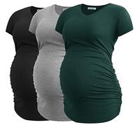 Smallshow Women's V Neck Maternity Clothes Tops Side Ruched Pregnancy T Shirt 3-Pack Black-Deep Green-Light Grey Medium