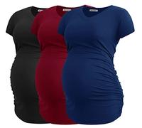 Smallshow Women's V Neck Maternity Clothes Tops Side Ruched Pregnancy T Shirt 3-Pack Black-Navy-Wine M