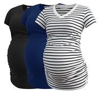 Smallshow Women's V Neck Maternity Clothes Tops Side Ruched Pregnancy T Shirt, Black/Navy/White Stripe, M