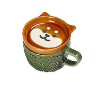 Smallterm Japanese Cute Mug Ceramic Shiba Inu Panda Coffee Cup with Lid Home Couple Milk Breakfast Cup Water Cup(Green)