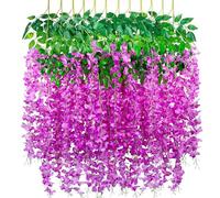 SMALUCK Artificial Fake Wisteria Vine Hanging Garland Silk Flowers String Home Party Wedding Decor, Purple Red 12 Pack