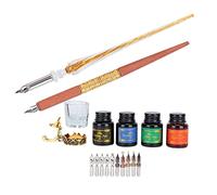 Smandy Dip Pen Beginner Calligraphy Set, Glass and Wood Holder with 10 Stainless Steel Nibs and 5 Ink Colors for Artists and Students (SP249045 fire color (fire color rod +)