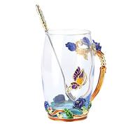Smandy Enamel Glass Coffee Mug Set with Spoon Unique Floral Design Hot and Cold Drinks Mom Home Office (Blue Rose 350ML)