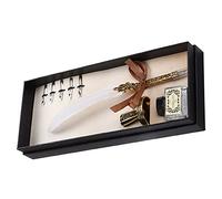 Smandy Feather Pen Set, Classic Calligraphy Writing Pen with Metal Retro Holder and Flat Nib 1 5mm, for Gothic Italian Calligraphy Practice and Gift (White)