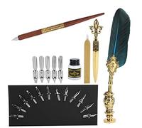 Smandy Feather Pen Set, Elegant Metal Carved Rose Pattern Holder with Replaceable Nibs and Stamp, for Calligraphy Writing Drawing Gift (SP248011R Lake Blue)