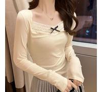 Smarbettiy Polyester Lace Detail Blouse Long Sleeve Low Polyester Lace | Delicate lace trim, low neckline design, apricot color option, regular fit, spring to winter wear