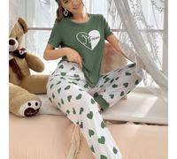 Smarbettiy Women's Pajama Set Polyester Red Green Print Lounge | green print, soft polyester fabric, regular fit , elastic waist pants, home relaxation