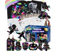 Smarkids 143 Pcs Scratch Paper Art Set for Kids, Magic Rainbow Scratch Paper Notes Creative Rainbow Art Set Art Rainbow Scratch Art for Kids with Stencils, Bookmarks & Holiday Themed Shapes
