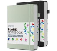 Smarpau 2 Pack Plain Notebook A5, 360 Pages Hardcover Unlined Notebook with 120gsm Blank Paper, Thick Paper No Bleed, Leather Journal Notepad for Sketch Drawing, Black Green