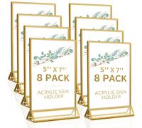 Smarpau 8 Pack 5x7 Acrylic Sign Holder, Double Sided Gold Picture Frame with Vertical Stand, Wedding Table Number Holder, Menu Holder, Photo Display