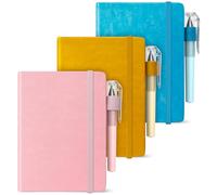 Smarpau A6 Notebook 3 Pack, Small Notepad with 100gsm No Bleed Paper, 120 Pages Hardcover Leather Lined Journal Notebook with Pen for Writing - Pink Yellow Blue
