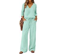Smart Airport Outfits for Women 2026 Two Piece Linen Sets for Women UK Plus Size Spring Summer Interview Work Outfits 3/4 Sleeve V-Neck Henley Tops Wide Leg Drawstring Palazzo Pants Lounge Wear Set