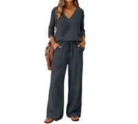 Smart Airport Outfits for Women 2026 Two Piece Linen Sets for Women UK Plus Size Spring Summer Work Outfits 3/4 Sleeve V-Neck Henley Tops Wide Leg Drawstring Palazzo Pants Lounge Wear Set