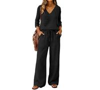 Smart Airport Outfits for Women 2026 Two Piece Linen Sets for Women UK Plus Size Spring Summer Work Outfits 3/4 Sleeve V-Neck Henley Tops Wide Leg Drawstring Palazzo Pants Lounge Wear Set