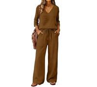 Smart Airport Outfits for Women 2026 Two Piece Linen Sets for Women UK Plus Size Spring Summer Work Outfits 3/4 Sleeve V-Neck Henley Tops Wide Leg Drawstring Palazzo Pants Lounge Wear Set