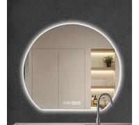 Smart Backlit Semicircle Bathroom MirrorTriColour Dimmable LED Vanity Mirror with AntiFog Time & Temperature Display Wall Mounted Illuminated Design.