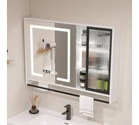 Smart Bathroom Medicine Cabinet with Mirror Wall Mounted Vanity Storage with Towel Bar AntiFog LED Time Display ThreeColor Light Stylish Wooden Design