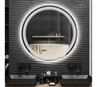 Smart Bathroom Vanity Mirror 50cm Wall Mounted Circle Makeup Mirror with Time & Temperature Display Dual Touch Switch Explosion-Proof Tri-Colored Light for Farmhouse Style