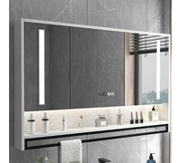 Smart Bathroom Vanity Mirror with LED Defogger, Stepless Dimming, Storage Medicine Cabinet, Time Display - Perfect for Makeup & Organization