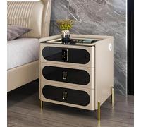 Smart Bedside Table with Fingerprint Lock Bluetooth Speaker Adjustable LED Lights 3 Storage Drawers Modern Nightstand for Bedroom Khaki 45x