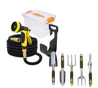Smart Bundle Tough Master Premium Expandable Garden Hose 100Ft With Spray Gun, Brass Fittings & 5Pc Garden Hand Tools