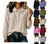 Smart Casual Tops for Women Uk Cotton Linen Tops for Women Uk Peter Pan Collar Puff Ruffle Button Down Long Sleeve Babydoll Top Cute Loose Fit Solid Color Shirt Office Wear Casual Peasant Blouse