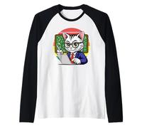 Smart Cat Teacher Studying Laptop Chalkboard Raglan Baseball Tee
