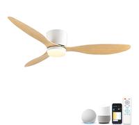 Smart Ceiling Fans with Lights, 42” Low Profile Flush Mount for Bedroom, WiFi Voice Control via Alexa/Google Home, Quiet DC Motor, Dimmable LED 3 Colour Temps, 6 Speeds, Reversible - White Wood Grain