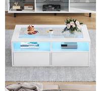 Smart Coffee Table with App-Controlled LED, USB Port and Glass Top, Practical Unit with 2 Drawers and Shelves,100L x 50W x 35H cm, White Aosom UK