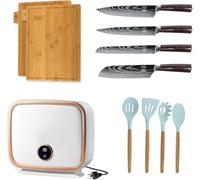 Smart Cutting Board and Knife Set with UV Sterilisation, Self Cleaning Cutting Board Set with 2 Cutting Boards, 4 Damascus Stainless Steel Knives and 4 cookwares, Drying Holder Organizer for Kitchen