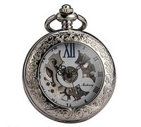 Smart.Deal Magnifier Skeleton Pocket Watch Mechanical Roman Numberals Half Hunter Antiqued Silver White with Gift Box