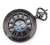 Smart.Deal Retro Mechanical Mens Hollow Pocket Watch Skeleton Hand-wind Engraved Case Blue Black