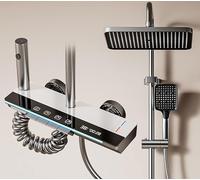 Smart Digital Display Shower System 4-Function Piano Key Rainfall Set with Large Shelf Hot Cold Mixer High Pressure Handheld Sprayer & Bidet Spray Wall Mounted Bathroom Bath Faucet Full Kit(C)