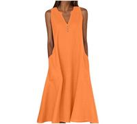 smart Dresses for Ladies Over 60 Summer Dresses for Women UK Button V Neck Sleeveless Boho Dress Casual Cotton Linen Maxi Sundress Bohemian Holiday Clothes Orange XL