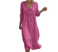 smart Dresses for Ladies Over 60 Summer Dresses for Women UK Casual V Neck Boho Dress Comfy Half Sleeve Maxi Cotton Dress Linen Holiday Beach Party Sundresses Hot Pink M