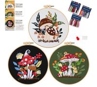 Smart-Feather 3 Sets Mushroom Embroidery kit for Beginners, Hand Embroidery Kits for Adults with Hoop, DIY Art Project Craft Kit (Mushroom)