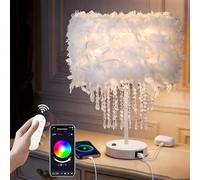 Smart Feather Table Lamp with Acrylic Droplets, Dimmable E27 LED Bulb Included, Bedside Desk Lamp with USB C & AC Outlet , App & Voice Control, Compatible with Alexa & Google Assistant, White