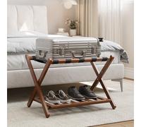 Smart FENDEE Bamboo Luggage Rack Fully Assembled, Folding Suitcase Stand with Shoe Shelf, Heavy-Duty Luggage Holder for Guest Room Must Haves, Bedroom, Hotel, Walnut