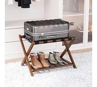 Smart FENDEE Bamboo Luggage Rack Fully Assembled, Walnut Folding Suitcase Stand with Shoe Shelf, Heavy-Duty Luggage Holder for Guest Room Must Haves, Bedroom, Hotel