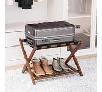 Smart FENDEE Fully Assembled Walnut Bamboo Luggage Rack with Shoe Shelf, Folding Suitcase Stand with 5 Heavy-Duty Straps, Large Wooden Luggage Holders for Guest Room, Ideal for Bedroom, Hotel
